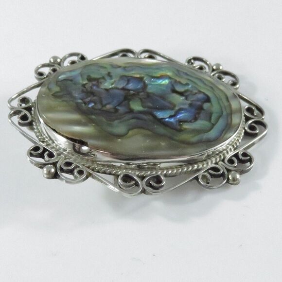 Vintage Abalone Sterling Silver Pendant Brooch Taxco Mexico E. Ortiz 2" H x 1 5/ - Picture 4 of 8